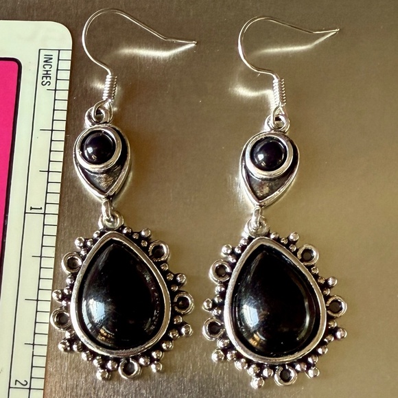 NEW Boho Silver Plated Vintage Black Stone Dangle Earrings - Picture 4 of 5